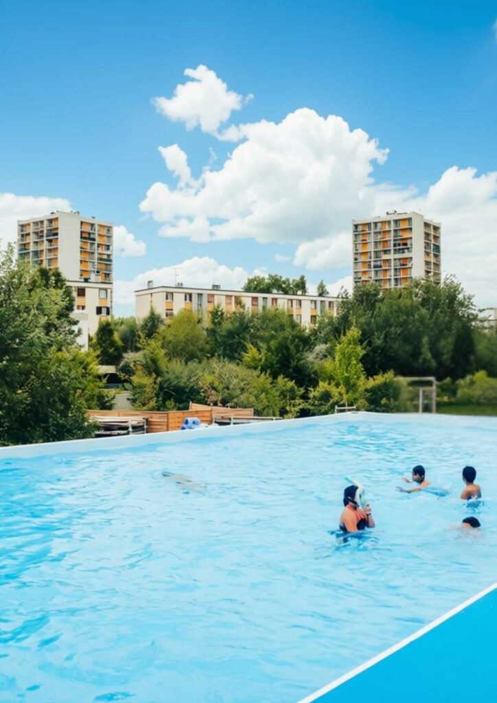 Bassin de plage en ville au milieu des tours avec des enfants qui jouent